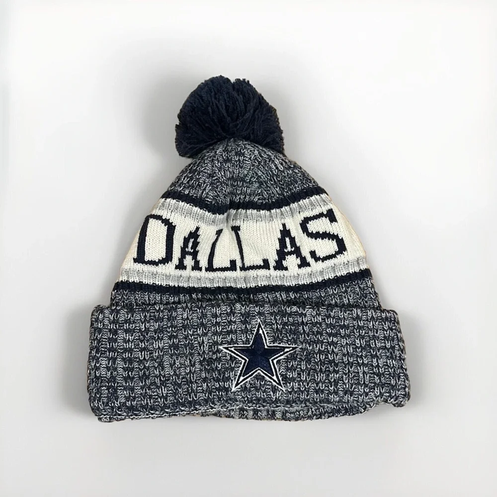 New Era Dallas Cowboys Mens Beanie Hat Pom Cuffed Knit Fleece Lined Navy White